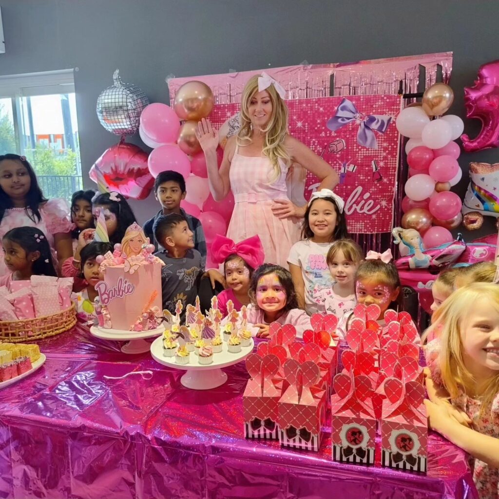 Barbie impersonator at a kids party