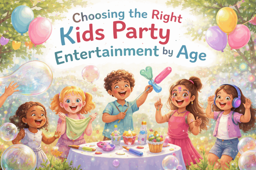 Kids enjoying a party with bubbles, balloons and activities, showing kids party entertainment by age
