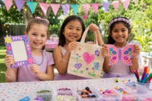 Kids holding up decorated craft activies