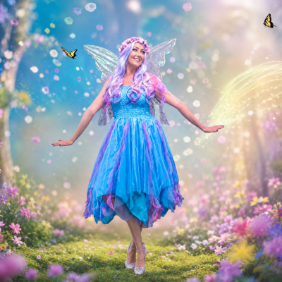 Fairy in blue dress with fairy inspired background